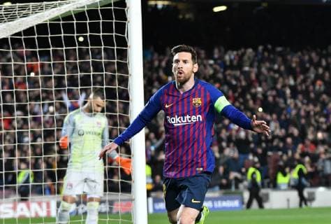 Messi celebreting goal during the champion league football match between FC Barcelona and Olympique Lyon on March 13 2019 at Camp Nou stadium in Barcelona Spain Cordon Press,  xTomasxRubiax xFCxBarcelonaxvsxOlympiquexLyonx