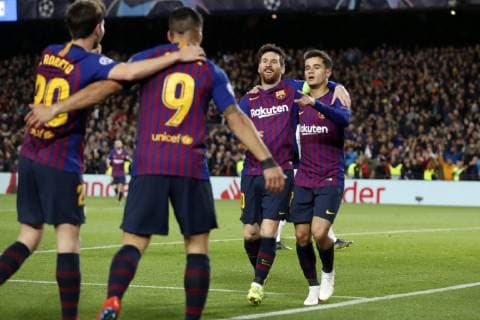 (l-r) Sergi Roberto of FC Barcelona Barca Luis Suarez of FC Barcelona, Lionel Messi of FC Barcelona, Philippe Coutinho of FC Barcelona during the UEFA Champions League round of 16 match between FC Barcelona and Olympique Lyonnais at Camp Nou on March 13, 2019 in Barcelona, Spain UEFA Champions League 2018 2019 xVIxVIxImagesx xMauricexvanxSteenxIVx 13898034
