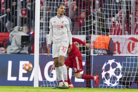GER UEFA CL FC Bayern Muenchen GER vs. FC Liverpool GBR 13 03 2019 Allianz Arena Muenchen GER UEFA CL FC Bayern Muenchen GER vs. FC Liverpool GBR Round of 16 UEFA regulations prohibit any use of photographs as image sequences and or quasi video in picture own goal by Joel Matip Liverpool 32 with Alisson Becker Liverpool 13 after template Serge Gnabry FCB 22 nordphotox xStraubmeier nph00004