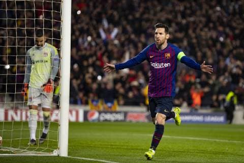 13 03 2019 xslx Football Champions League FC Barcelona Olympique Lyon emspor v l Lionel Messi FC Barcelona Cheers after the goal to 1 0 DFL DFL REGULATIONS PROHIBIT ANY USE OF PHOTOGRAPHS as IMAGE SEQUENCES and or QUASI VIDEO Barcelona