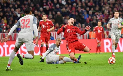 Football Champions League Round of 16 FC Bayern Munich FC Liverpool on 13 03 2019 at the Allianz Arena in Munich Foul an James Rodriguez Munich DFL DFB regulations prohibit any use of photographs as image sequences and or quasi video xMNx
