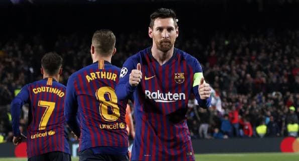 Barcelona Spain 13 03 2019 UEFA Champions League 2018 19 Season Round of 16 Second Leg FC Barcelona Olympique Lyonnais Lionel Messi BAR celebrates after scoring his team s first goal DeFodi540