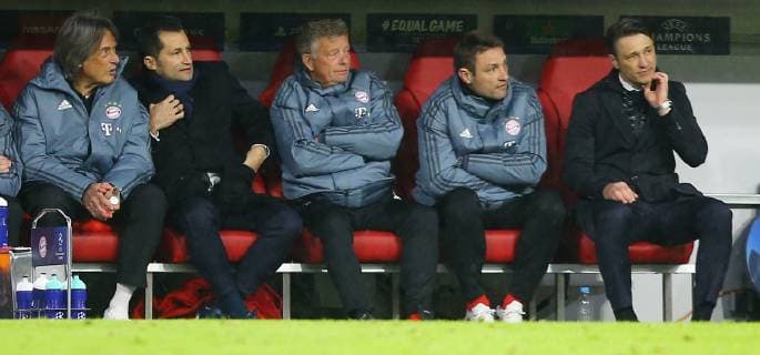 SOCCER - CL, Bayern vs Liverpool MUNICH,GERMANY,13.MAR.19 - SOCCER - UEFA Champions League, round of 16, FC Bayern Muenchen vs Liverpool FC. Image shows team doctor Hans-Wilhelm Mueller-Wohlfahrt, sporting director Hasan Salihamidzic, assistant coach Peter Hermann, assistant coach Robert Kovac and head coach Niko Kovac (Bayern). GEPAxpictures xThomasxBachun