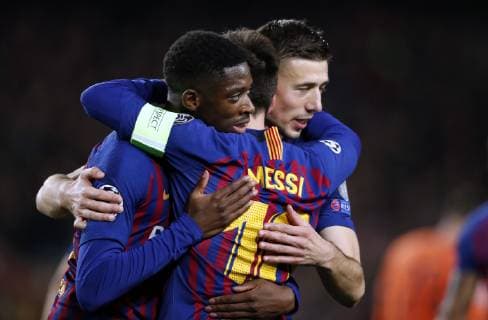 (l-r) Ousmane Dembele of FC Barcelona Barca Lionel Messi of FC Barcelona, Clement Lenglet of FC Barcelona during the UEFA Champions League round of 16 match between FC Barcelona and Olympique Lyonnais at Camp Nou on March 13, 2019 in Barcelona, Spain UEFA Champions League 2018 2019 xVIxVIxImagesx xMauricexvanxSteenxIVx 13899097