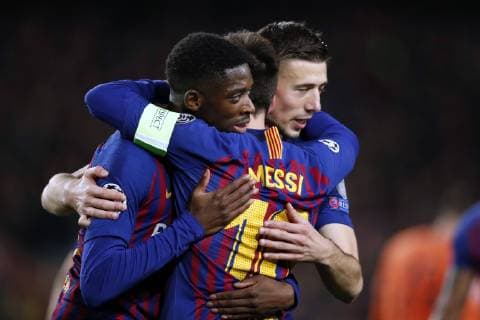 (l-r) Ousmane Dembele of FC Barcelona Barca Lionel Messi of FC Barcelona, Clement Lenglet of FC Barcelona during the UEFA Champions League round of 16 match between FC Barcelona and Olympique Lyonnais at Camp Nou on March 13, 2019 in Barcelona, Spain UEFA Champions League 2018 2019 xVIxVIxImagesx xMauricexvanxSteenxIVx 13899100
