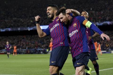 Barcelona x Lyon BARCELONA, CA - 13.03.2019: BARCELONA X LYON - Celebration of the third goal of Barcelona, marked by Messi during the match between Barcelona and Lyon held at the Camp Nou in Barcelona, CA. The match is the second qualifying round of the UEFA Champions League 2018 19 Round of 16. (Photo: Marco Galvão Fotoarena) x1697758x  MarcoxGalvão