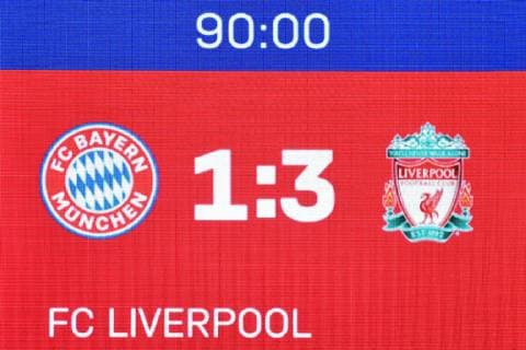 Video wall with final result FC Bayern Munich M FC Liverpool LIV 1 3 Soccer Champions League Round of 16 on 13 03 2019 A L L I A A N Z A R E N A DFL REGULATIONS PROHIBIT ANY USE OF PHOTOGRAPHS AS IMAGE SEQUENCES AND OR QUASI VIDEO