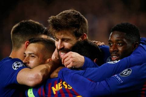 FC Barcelona Barca s Gerard Pique (C) celebrates with his teammates after scoring a goal during a UEFA Champions League round of 16 second leg soccer match between FC Barcelona and Olympique Lyon at Camp Nou in Barcelona, Catalonia, north eastern Spain, 13 March 2019. FC Barcelona vs Olympique Lyon !ACHTUNG: NUR REDAKTIONELLE NUTZUNG!  Copyright: xEnricxFontcubertax GRAF4108 20190313-636881176997613694