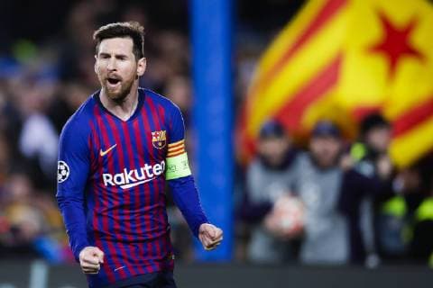 March 13, 2019 - Barcelona, Catalonia, Spain - March 13, 2019 - Barcelona, Spain - Uefa Champions League 1 8 of final second leg, FC Barcelona Barca v Olympique de Lyon: Lionel Messi of FC Barcelona scores his side s 3rd goal Uefa Champions League 1 8 of final first leg, FC Barcelona v Olympique de Lyon.Mar 13th - ZUMAa178 20190313_zap_a178_002 Copyright: xMarcxDominguezx