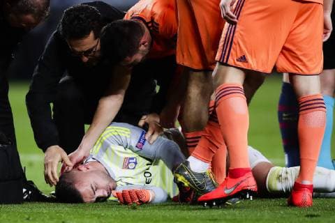 March 13, 2019 - Barcelona, Catalonia, Spain - March 13, 2019 - Barcelona, Spain - Uefa Champions League 1 8 of final second leg, FC Barcelona Barca v Olympique de Lyon: Anthony Lopez on the floor after a injury. Uefa Champions League 1 8 of final first leg, FC Barcelona v Olympique de Lyon.Mar 13th - ZUMAa178 20190313_zap_a178_006 Copyright: xMarcxDominguezx