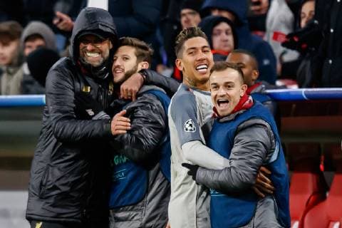 Germany Munich 13 03 2019 UEFA Champions League 2018 19 Season Round of 16 Second leg FC Bayern Munich Liverpool FC coach Juergen Klopp LFC Adam Lallana LFC Roberto Firmino LFC and Xherdan Shaqiri LFC cheer the 1 3 by Sadio Mane LFC DeFodi048
