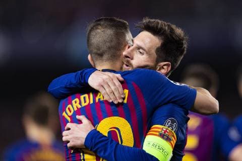 13 03 2019 xslx Football Champions League FC Barcelona Olympique Lyon emspor v l Lionel Messi FC Barcelona Celebrates together with Jordi Alba FC Barcelona after the goal to 3 1 DFL DFB REGULATIONS PROHIBIT ANY USE OF PHOTOGRAPHS as IMAGE SEQUENCES and or QUASI VIDEO Barcelona