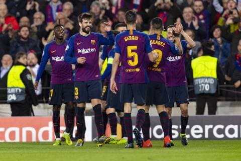 13 03 2019 xslx Football Champions League FC Barcelona Olympique Lyon emspor v l Gerard Pique FC Barcelona 3 Cheers after the goal to 4 1 with the team DFL DFB REGULATIONS PROHIBIT ANY USE OF PHOTOGRAPHS as IMAGE SEQUENCES and or QUASI VIDEO Barcelona