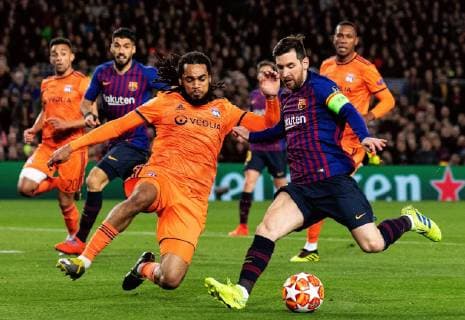 (190314) -- BARCELONA, March 14, 2019 -- Barcelona s Lionel Messi (Front R) vies with Lyon s Jason Denayer (Front L) during the UEFA Champions League match between Spanish team FC Barcelona Barca and French team Lyon in Barcelona, Spain, on March 13, 2019. Barcelona won 5-1 and advanced to the quarterfinals. ) (SP)SPAIN-BARCELONA-SOCCER-UEFA CHAMPIONS LEAGUE-1 8 FINALS-BARCELONA VS LYON JoanxGosa 