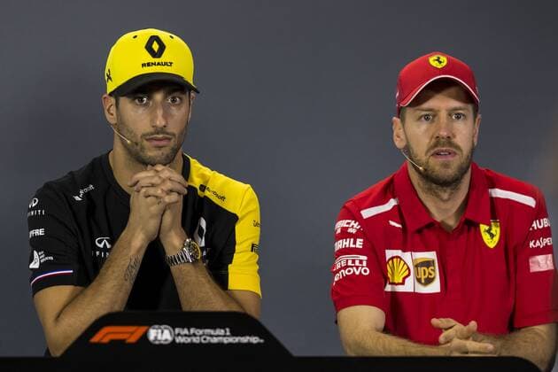 14th March 2019, Melbourne Grand Prix Circuit, Melbourne, Australia; Melbourne Formula One Grand Prix, Arrivals and press conference PK Pressekonferenz Daniel Ricciardo, Sebastian Vettel during the press conference  ActionPlus12114487 StephenxBlackberry