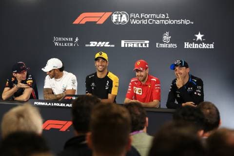 14th March 2019, Melbourne Grand Prix Circuit, Melbourne, Australia; Melbourne Formula One Grand Prix, Arrivals and press conference PK Pressekonferenz Aston Martin Red Bull Racing, Max Verstappen, Mercedes AMG Petronas Motorsport, Lewis Hamilton, Renault F1 Team, Daniel Ricciardo, Scuderia Ferrari, Sebastian Vettel and ROKiT Williams Racing, Robert Kubica ActionPlus12114568 Octane