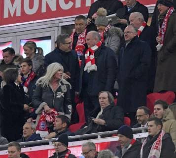 13 03 2019 Football UEFA Champions League 2018 2019 Round of sixteen return FC Bayern Munich FC Liverpool in the Allianz Arena Munich VIP grandstand with President Uli Hoeness 2 v re FC Bayern Walter Menneckes top re FC Bayern CEO Karl Heinz Rummenigge re FC Bayern München Günter Netzer with wife DFL and DFB regulations prohibit any use of photographs as image sequences and or quasi video