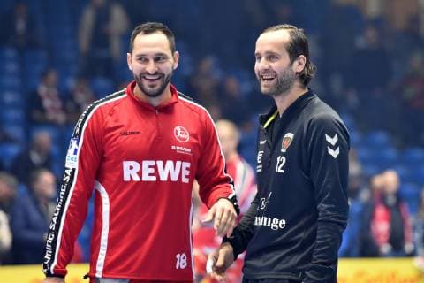 Philipp Mueller MT Melsungen L and Silvio Heinevetter Goalkeeper Fuechse Berlin before the game GER MT Melsungen Fuechse Berlin Handball 1 Bundesliga Men 14 03 2019 GER MT Melsungen Fuechse Berlin Handball 1 Liga Men 14 03 2019 Kassel Copyright: xEIBNER RolandxSippelx EP_RSL