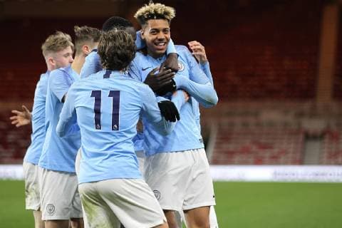 March 14, 2019 - Middlesbrough, North Yorkshire, United Kingdom - Felix Nmecha of Manchester City celebrates after scoring their first goal during the Premier League Under 18 Final between Middlesbrough and Manchester City at the Riverside Stadium, Middlesbrough on Thursday 14th March 2019. (Credit: Mark Fletcher MI News) Middlesbrough v Manchester City: U18 Premier League Cup Final  - ZUMAn230 20190314_zaa_n230_754 Copyright: xMixNewsx