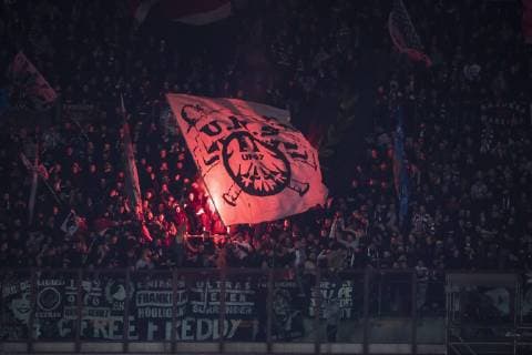 14 03 2019 xkvx Football Europa League 1 8 Final Inter Milan Eintracht Frankfurt emspor v l Eintracht Frankfurt Fans after goal to 0 1 by Luka Jovic Eintracht Frankfurt Pyro Pyrotechnics Fire DFL DFB REGULATIONS PROHIBIT ANY USE OF PHOTOGRAPHS as IMAGE SEQUENCES and or QUASI VIDEO Milan