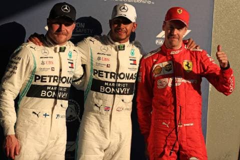 16th March 2019, Melbourne Grand Prix Circuit, Melbourne, Australia; Melbourne Formula One Grand Prix, Qualification; Mercedes AMG Petronas Motorsport, Lewis Hamilton takes pole for tomorrows race followed by his team mate Valtteri Bottas and Scuderia Ferrari, Sebastian Vettel  ActionPlus12115255 Octane
