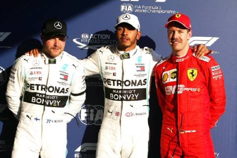 Photo4 LaPresse 16 03 2019 Melbourne, Australia Grand Prix Formula One Australia 2019 In the pic: Qualifying, celebration: Pole Posotion Lewis Hamilton (GBR) Mercedes AMG F1 W10 EQ Power, 2nd place Valtteri Bottas (FIN) Mercedes AMG F1 W10 EQ Power, 3rd place Sebastian Vettel (GER) Scuderia Ferrari SF90  Copyright: xPhoto4 LaPressex