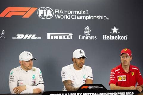 Photo4 LaPresse 16 03 2019 Melbourne, Australia Grand Prix Formula One Australia 2019 In the pic: after Qualifying Official Fia press conference PK Pressekonferenz L to R Valtteri Bottas (FIN) Mercedes AMG F1 W10 EQ Power, Lewis Hamilton (GBR) Mercedes AMG F1 W10 EQ Power, Sebastian Vettel (GER) Scuderia Ferrari SF90  Copyright: xPhoto4 LaPressex