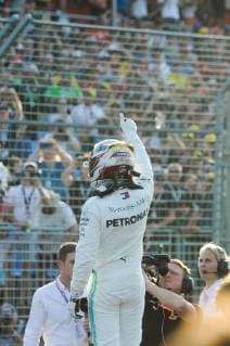 March 16, 2019 - Melbourne, Victoria, Australia - Lewis Hamilton of Great Britain and Mercedes celebrates taking pole position after qualifying for the Australian Formula 1 Grand Prix at Albert Park on March 16, 2019 in Melbourne, Australia Australian F1 Grand Prix - Qualifying  - ZUMAn230 20190316_zaa_n230_095 Copyright: xMorganxHancockx