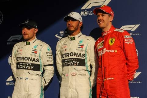 March 16, 2019 - Melbourne, Victoria, Australia - Valtteri Bottas, Lewis Hamilton and Sebastian Vettel pose after qualifying for the Australian Formula 1 Grand Prix at Albert Park on March 16, 2019 in Melbourne, Australia Australian F1 Grand Prix - Qualifying  - ZUMAn230 20190316_zaa_n230_102 Copyright: xMorganxHancockx