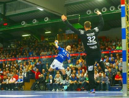 Goalkeeper Dennis Klockmann Lübeck masters the throw of Benas Petreikis Aue Handball 2 Liga 2018 19 EHV Aue VfL Lübeck Schwartau on 16 3 2019 EHV Aue VfL Lübeck Schwartau