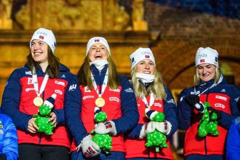 190316 Synnove Solemdal Ingrid Landmark Tandrevold Tiril Eckhoff Marte Olsbu Roiseland of Norway celebrate during the medal ceremony for the Women s 4x6 km Relay during the IBU World Championships Biathlon on March 16 2019 in Östersund Photo Petter Arvidson BILDBYRAN kod PA 92270,  Copyright: PETTERxARVIDSON BB190316PA180