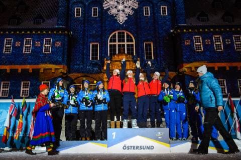 190316 Hanna Öberg Linn Persson Mona Brorsson Anna Magnusson of Sweden Synnove Solemdal Ingrid Landmark Tandrevold Tiril Eckhoff Marte Olsbu Roiseland of Norway and Anastasiya Merkushyna Vita Semerenko Yuliia Dzhima and Valj Semerenko of Ukraine celebrate during the medal ceremony for the Women s 4x6 km Relay during the IBU World Championships Biathlon on March 16 2019 in Östersund Photo Petter Arvidson BILDBYRAN code PA 92270,  Copyright: PETTERxARVIDSON BB190316PA181