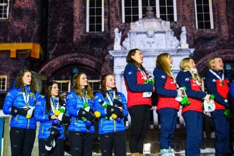 190316 Hanna Öberg Linn Persson Mona Brorsson Anna Magnusson of Sweden and Synnove Solemdal Ingrid Landmark Tandrevold Tiril Eckhoff Marte Olsbu Roiseland of Norway celebrate during the medal ceremony for the Women s 4x6 km Relay during the IBU World Championships Biathlon on March 16 2019 in Östersund Photo Petter Arvidson BILDBYRAN code PA 92270,  Copyright: PETTERxARVIDSON BB190316PA183