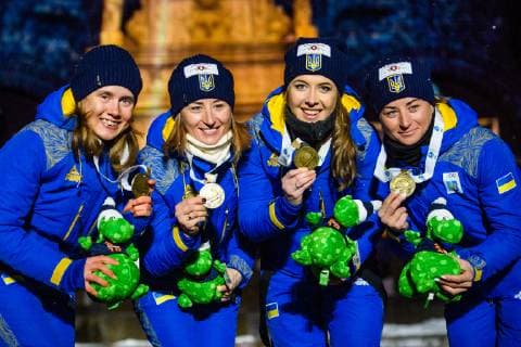 190316 Anastasiya Merkushyna Vita Semerenko Yuliia Dzhima and Valj Semerenko of Ukraine celebrate during the medal ceremony for the Women s 4x6 km Relay during the IBU World Championships Biathlon on March 16 2019 in Östersund Photo Petter Arvidson BILDBYRAN kod PA 92270,  Copyright: PETTERxARVIDSON BB190316PA184