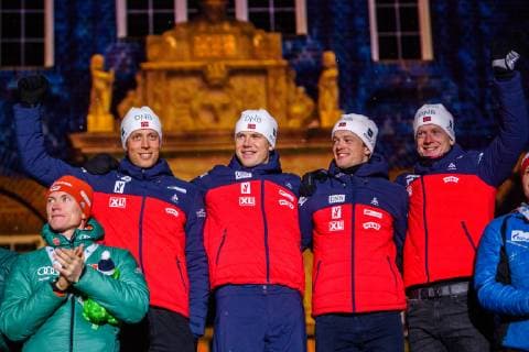 190316 Johannes Thingnes Bo Vetle Sjastad Christiansen Tarjei Bo and Johannes Thingnes Bo of Norway celebrate during the medal ceremony for the Men s 4x7 5 km Relay during the IBU World Championships Biathlon on March 16 2019 in Östersund Photo Petter Arvidson BILDBYRAN kod PA 92270,  Copyright: PETTERxARVIDSON BB190316PA189