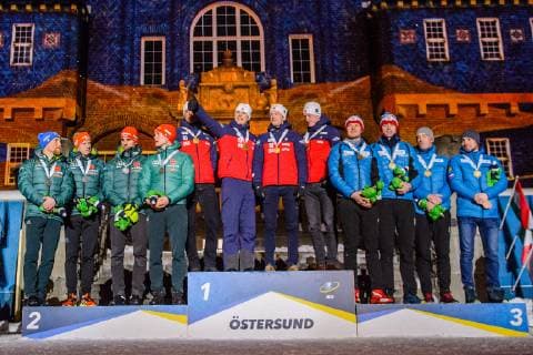 190316 Erik Lesser Roman Rees Arnd Peiffer and Benedikt Doll of Germany Johannes Thingnes Bo Vetle Sjastad Christiansen Tarjei Bo and Johannes Thingnes Bo of Norway Matvey Eliseev Nikita Porshnev Dmitry Malyshko and Alexander Loginov of Russia celebrate during the medal ceremony for the Men s 4x7 5 km Relay during the IBU World Championships Biathlon on March 16 2019 in Östersund Photo Petter Arvidson BILDBYRAN kod PA 92270,  Copyright: PETTERxARVIDSON BB190316PA190