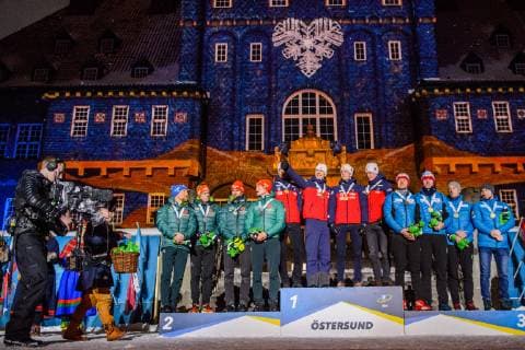 190316 Erik Lesser Roman Rees Arnd Peiffer and Benedikt Doll of Germany Johannes Thingnes Bo Vetle Sjastad Christiansen Tarjei Bo and Johannes Thingnes Bo of Norway Matvey Eliseev Nikita Porshnev Dmitry Malyshko and Alexander Loginov of Russia celebrate during the medal ceremony for the Men s 4x7 5 km Relay during the IBU World Championships Biathlon on March 16 2019 in Östersund Photo Petter Arvidson BILDBYRAN kod PA 92270,  Copyright: PETTERxARVIDSON BB190316PA191