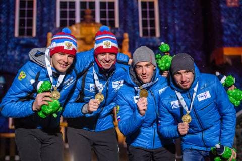190316 Matvey Eliseev Nikita Porshnev Dmitry Malyshko and Alexander Loginov of Russia celebrate during the medal ceremony for the Men s 4x7 5 km Relay during the IBU World Championships Biathlon on March 16 2019 in Östersund Photo Petter Arvidson BILDBYRAN kod PA 92270,  Copyright: PETTERxARVIDSON BB190316PA192