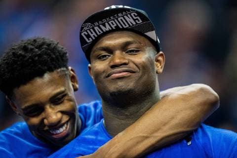 Duke Blue Devils forward Zion Williamson (1) and Duke Blue Devils forward RJ Barrett (5) during the ACC College Basketball Tournament game between the Florida State Seminoles and the Duke Blue Devils at the Spectrum Center on Saturday March 16, 2019 in Charlotte, NC. CSM NCAA College League USA Basketball 2019: Florida State vs Duke MAR 16 - ZUMAc04_ 20190316_zaf_c04_383 Copyright: xJacobxKupfermanx