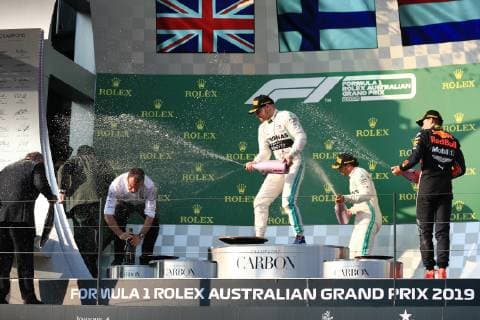 17th March 2019, Melbourne Grand Prix Circuit, Melbourne, Australia; Melbourne Formula One Grand Prix, race day; Mercedes AMG Petronas Motorsport, Valtteri Bottas wins first race of the year followed by his team mate Lewis Hamilton and Aston Martin Red Bull Racing, Max Verstappen  ActionPlus12116123 Octane