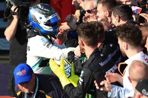 17th March 2019, Melbourne Grand Prix Circuit, Melbourne, Australia; Melbourne Formula One Grand Prix, race day; Mercedes AMG Petronas Motorsport, Valtteri Bottas wins first race of the year and celebrates with his team  ActionPlus12116133 Octane