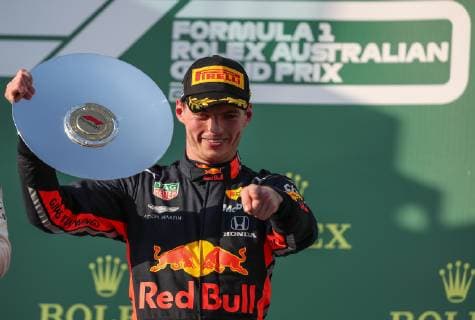 (190317) -- MELBOURNE, March 17, 2019 -- Third-placed Red Bull driver Max Verstappen of the Netherlands celebrates during the awarding ceremony of Formula 1 Australian Grand Prix 2019 at the Albert Park in Melbourne, Australia, March 17, 2019. ) (SP)AUSTRALIA-MELBOURNE-F1-GRAND PRIX 2019 BAIxXUEFEI 