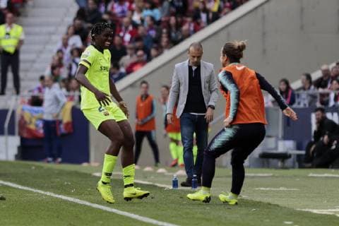 FC Barcelona Barca s Asisat Oshoala celebrates goal during Liga Iberdrola match between Atletico de Madrid and FC Barcelona at Wanda Metropolitano Stadium in Madrid, Spain. March 17, 2019.  (201903170296)
