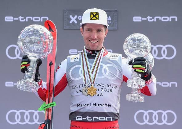 Sport Themen der Woche KW11 17.03.2019, Soldeu, AND, FIS Weltcup Ski Alpin, Siegerehrung, Gesamtweltcupwertung, Herren, im Bild 1. Platz Herren Marcel Hirscher mit der grossen Kristallkugel fr den Sieg im Gesamtweltcup Saison 2018 19 und beiden kleinen Kristallkugeln und WM Medaillen aus dieser Saison all over worlcupwinner Men Marcel Hirscher of Austria with the big crystal globe World Cup season 2018 19 and both small crystal globe and World Cup medals from this season during the men s allover winner Ceremony for the Worlcup of FIS Ski Alpine World Cup finals. Soldeu, Andorra on 2019 03 17. Soldeu *** 17 03 2019 Soldeu AND FIS World Cup Ski Alpine Award Ceremony Overall World Cup ranking Men in picture 1 Place Men Marcel Hirscher with the big crystal ball for the victory in the overall World Cup season 2018 19 and both small crystal balls and World Cup medals from this season all over worlcupwinner Men Marcel Hirscher of Austria with the big crystal globe World Cup season 2018 19 and both small crystal globe and World Cup medals from this season during the men s allover winner Ceremony for the Worlcup of FIS Ski Alpine World Cup finals Soldeu Andorra on 2019 03 17 Soldeu  EX_SPI  
