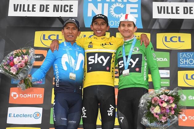 Sport Themen der Woche KW11 Sport Bilder des Tages Colombian Nairo Quintana of Movistar Team, Colombian Egan Ariey Bernal Gomez wearing the yellow jersey and Polish Michal Kwiatkowski of Team Sky wearing the green jersey on the podium of the final stage of the 77th edition of the Paris-Nice cycling race, 110 km from Nice to Nice, France, Sunday 17 March 2019. The race starts on the 10th and ends on the 17th of March. DAVIDxSTOCKMAN  x05549613x