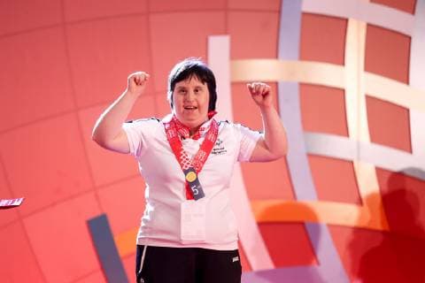 March 17, 2019 - Abu Dhabi, United Arab Emirates - Athlete from Belgium shows her emotions when receiving their medals during declaration ceremony at the Special Olympics World Games in Abu Dhabi National Exhibition Centre, United Arab Emirates on March 17, 2019. Special Olympics is a worldwide organization which organize sports competitions for people with learning difficulties. Summer World Games take place every 4 years. 7500 athletes from nearly 200 countries compete in 24 Olympic disciplines in Abu Dhabi Games in 2019. Special Olympics In Abu Dhabi 2019  - ZUMAn230 20190317_zaa_n230_722 Copyright: xDominikaxZarzyckax