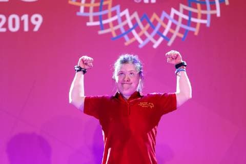 March 17, 2019 - Abu Dhabi, United Arab Emirates - Athlete from Romania shows her emotions when receiving their medals during declaration ceremony at the Special Olympics World Games in Abu Dhabi National Exhibition Centre, United Arab Emirates on March 17, 2019. Special Olympics is a worldwide organization which organize sports competitions for people with learning difficulties. Summer World Games take place every 4 years. 7500 athletes from nearly 200 countries compete in 24 Olympic disciplines in Abu Dhabi Games in 2019. Special Olympics In Abu Dhabi 2019  - ZUMAn230 20190317_zaa_n230_719 Copyright: xDominikaxZarzyckax