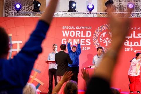 March 17, 2019 - Abu Dhabi, United Arab Emirates - Crowd cheers when athletes receive their medals during declaration ceremony at the Special Olympics World Games in Abu Dhabi National Exhibition Centre. Special Olympics is a worldwide organization which organize sports competitions for people with learning difficulties. Summer World Games take place every 4 years. 7500 athletes from nearly 200 countries compete in 24 Olympic disciplines in Abu Dhabi Games in 2019. Special Olympics In Abu Dhabi 2019  - ZUMAn230 20190317_zaa_n230_773 Copyright: xDominikaxZarzyckax