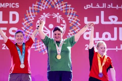 March 17, 2019 - Abu Dhabi, United Arab Emirates - Athletes show their emotions when receiving their medals during declaration ceremony at the Special Olympics World Games in Abu Dhabi National Exhibition Centre. Special Olympics is a worldwide organization which organize sports competitions for people with learning difficulties. Summer World Games take place every 4 years. 7500 athletes from nearly 200 countries compete in 24 Olympic disciplines in Abu Dhabi Games in 2019. Special Olympics In Abu Dhabi 2019  - ZUMAn230 20190317_zaa_n230_739 Copyright: xDominikaxZarzyckax