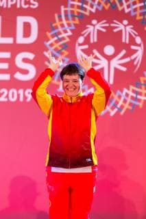 March 17, 2019 - Abu Dhabi, United Arab Emirates - Athlete from Spane shows her emotions when receiving their medals during declaration ceremony at the Special Olympics World Games in Abu Dhabi National Exhibition Centre, United Arab Emirates on March 17, 2019. Special Olympics is a worldwide organization which organize sports competitions for people with learning difficulties. Summer World Games take place every 4 years. 7500 athletes from nearly 200 countries compete in 24 Olympic disciplines in Abu Dhabi Games in 2019. Special Olympics In Abu Dhabi 2019  - ZUMAn230 20190317_zaa_n230_737 Copyright: xDominikaxZarzyckax
